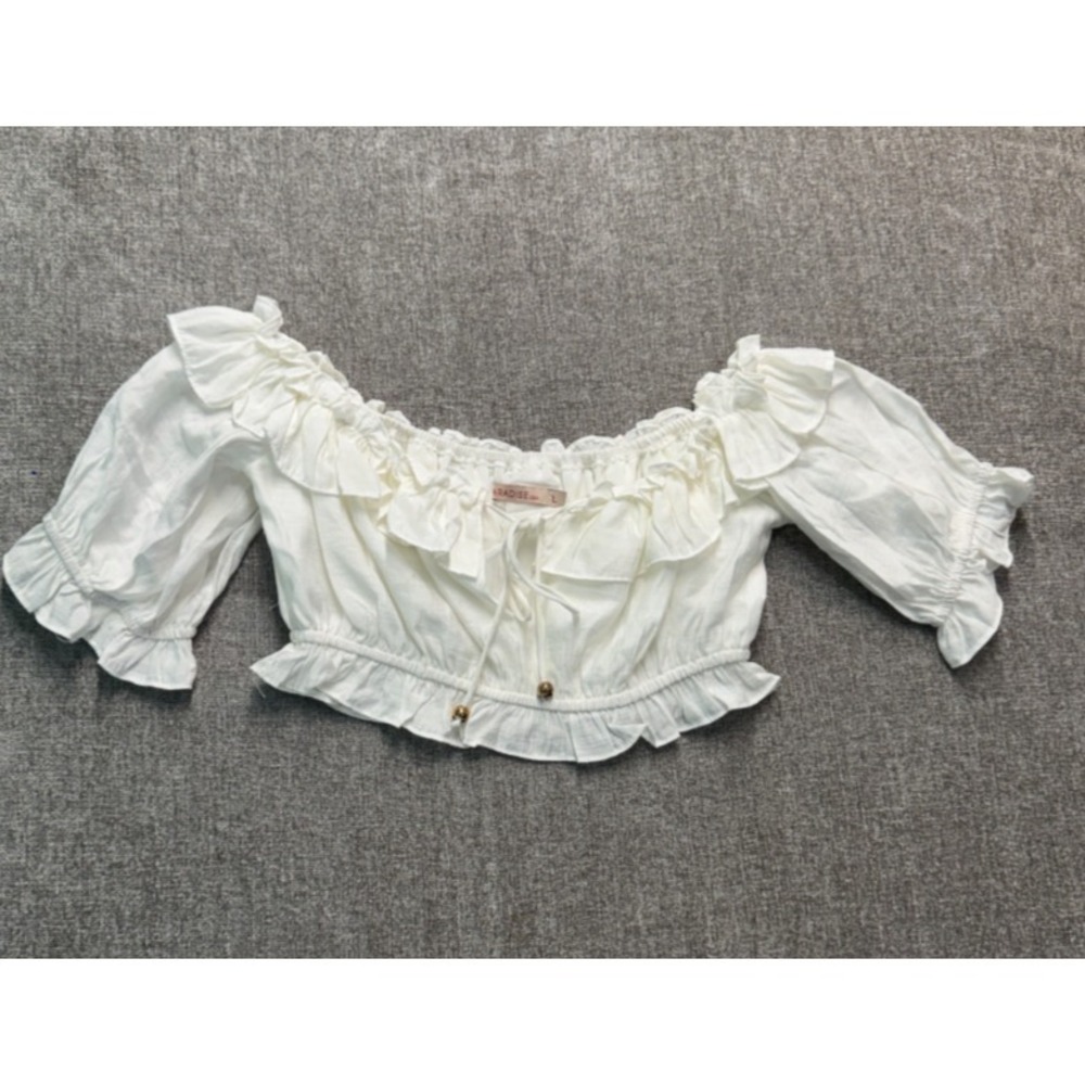 Paradise USA White Cottagecore Off Shoulder Crop Top Puff Sleeve Women L